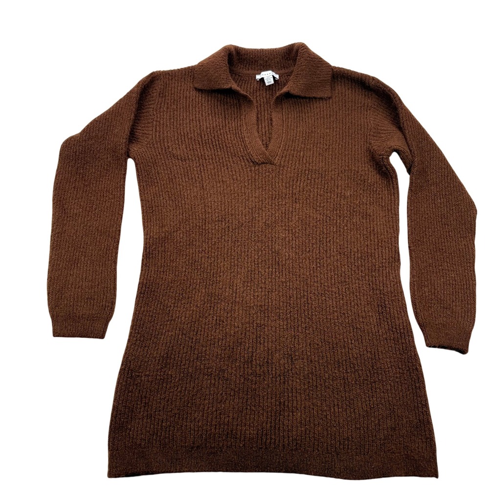 Topshop Womens Brown Longline Collared V-Neck Tunic Sweater Size Small Oversized